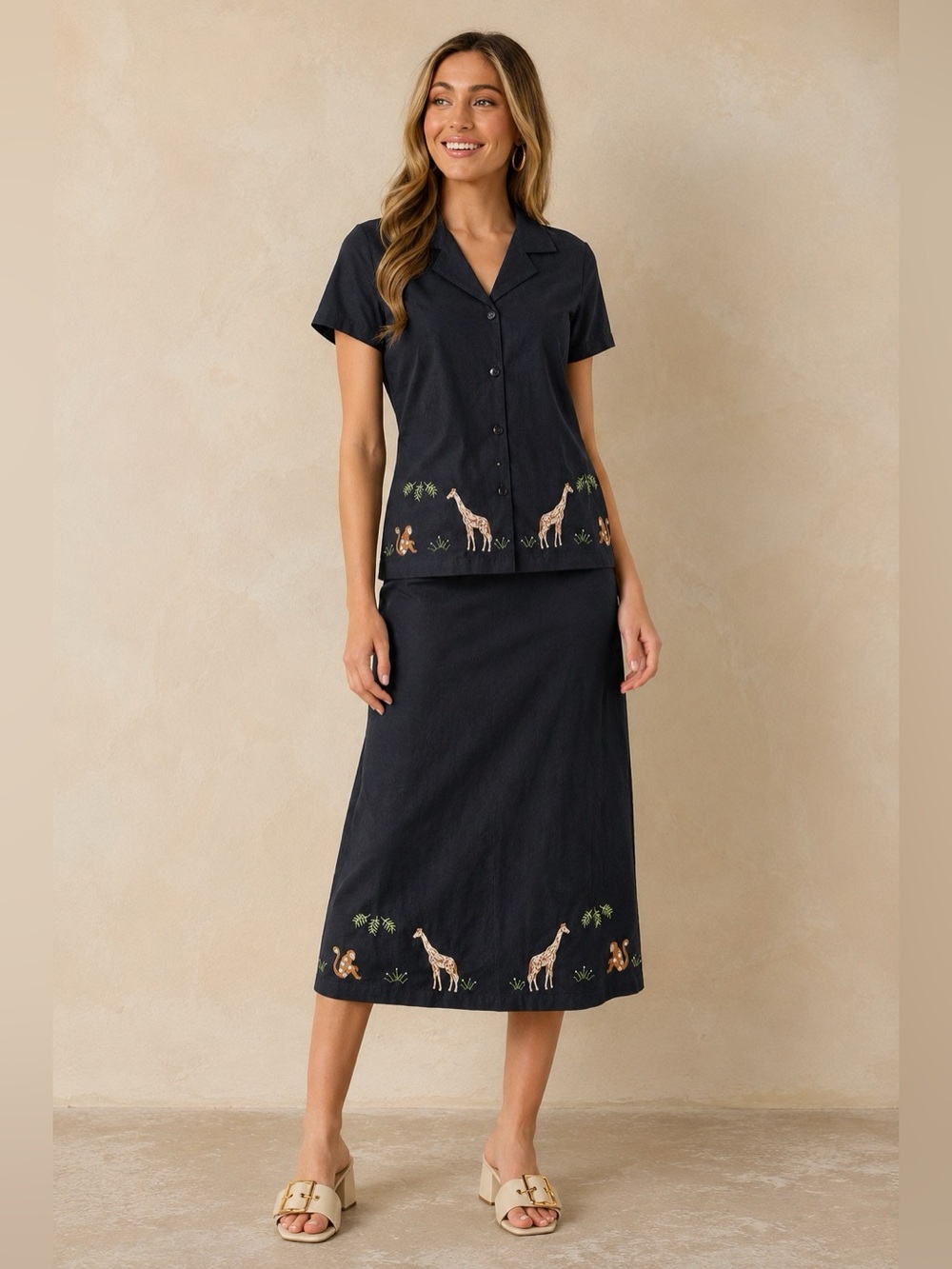 Whimsical Safari‎ Medium Dress Outfit Cotton Embroidered Animal Black